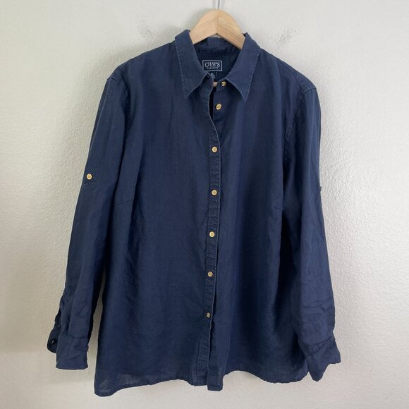 Chaps Classics Womens Plus 2X Blue Button Up 100% Linen Shirt Roll Tab Sleeve - Picture 5 of 9